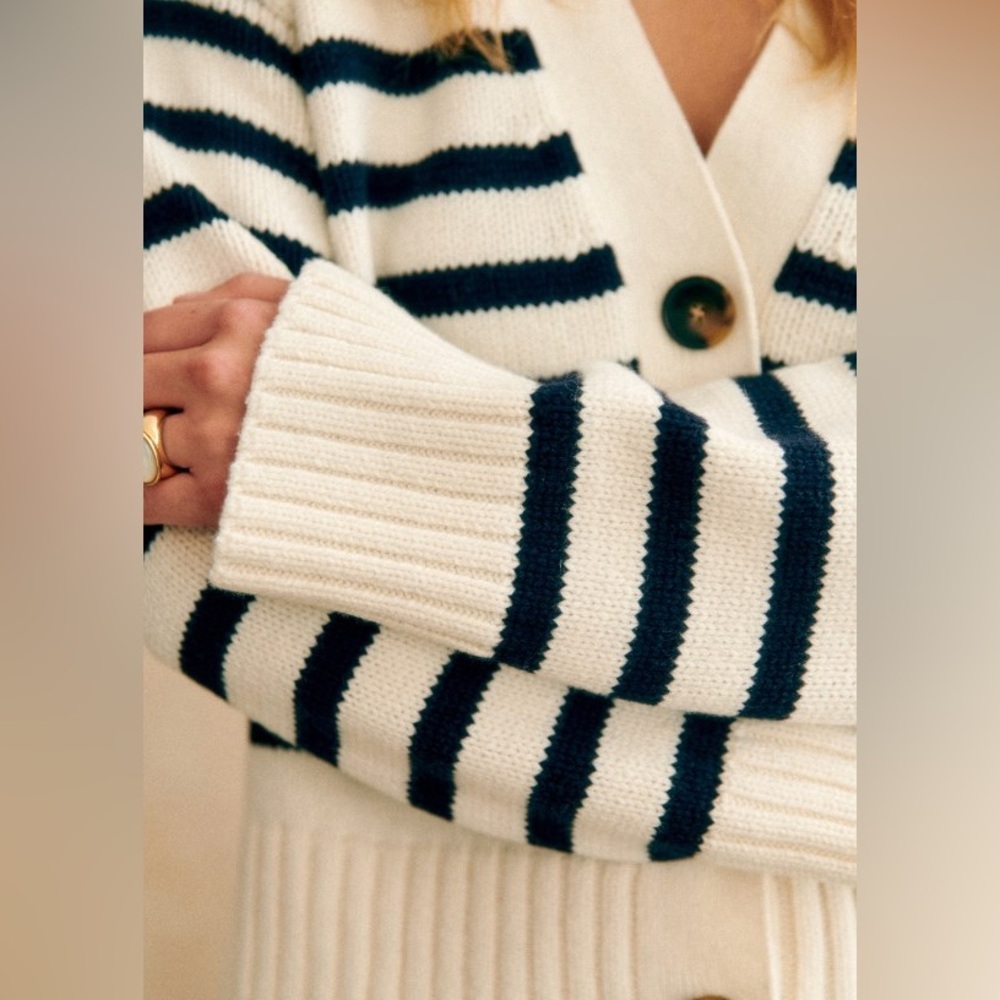 SÉZANE Wool Cotton Blend “Wilson” Cardigan | Ecru/Navy Stripes - Picture 4 of 13